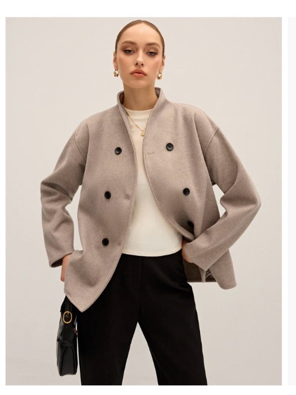 Commense Taupe Oversized Double-Breasted Pea Coat